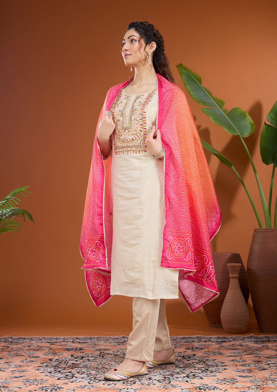 Beige Multi Brocade Threadwork Straight Kurta With Pant Regular And Dupatta