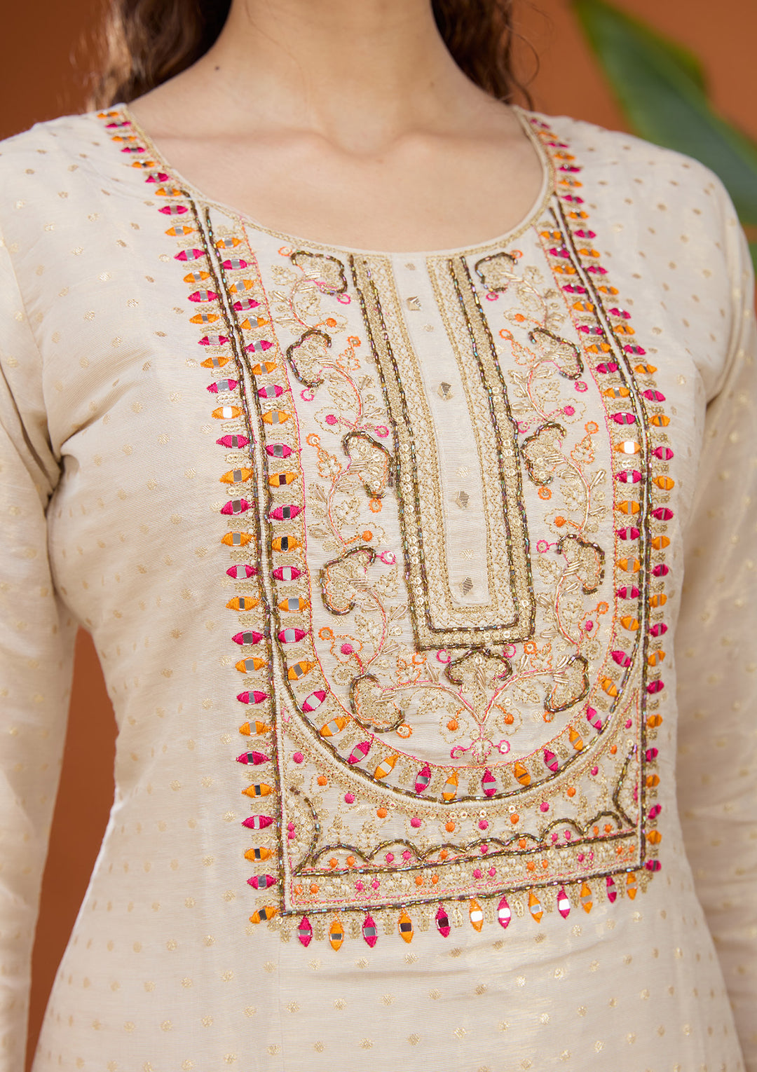Beige Multi Brocade Threadwork Straight Kurta With Pant Regular And Dupatta