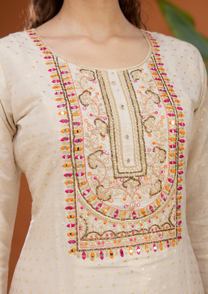 Beige Multi Brocade Threadwork Straight Kurta With Pant Regular And Dupatta