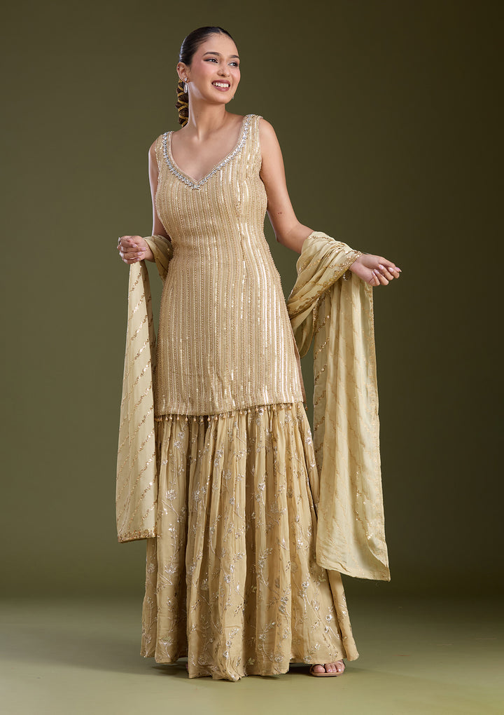 Beige Sequins Georgette Readymade Salwar Suit