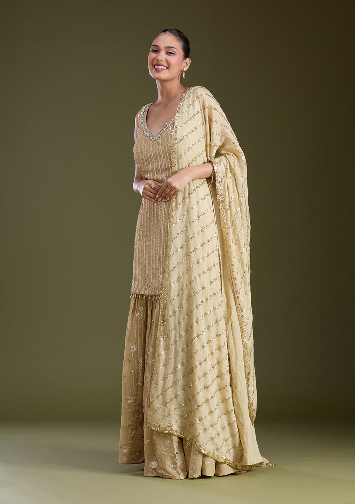 Beige Sequins Georgette Readymade Salwar Suit