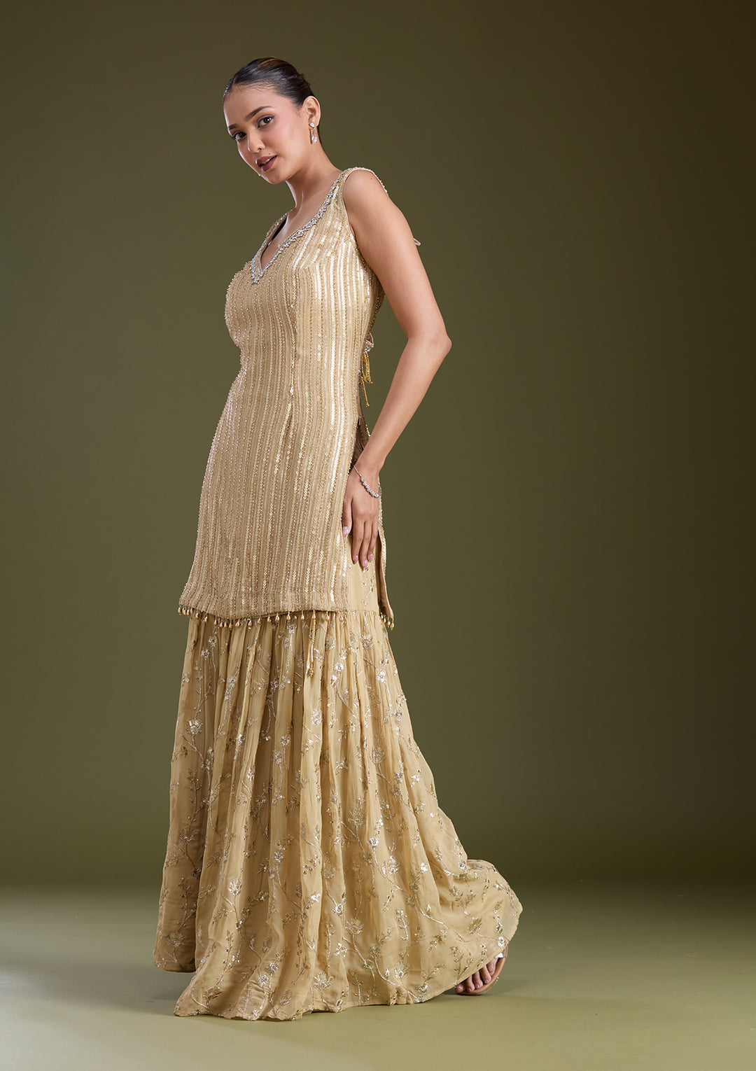 Beige Sequins Georgette Readymade Salwar Suit