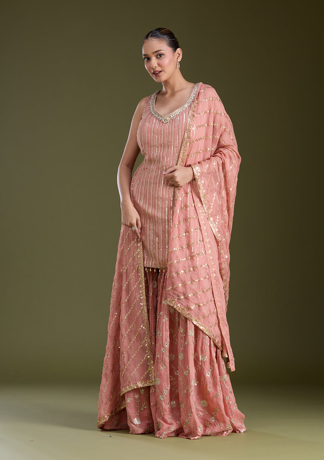 Peach Sequins Georgette Readymade Salwar Suit
