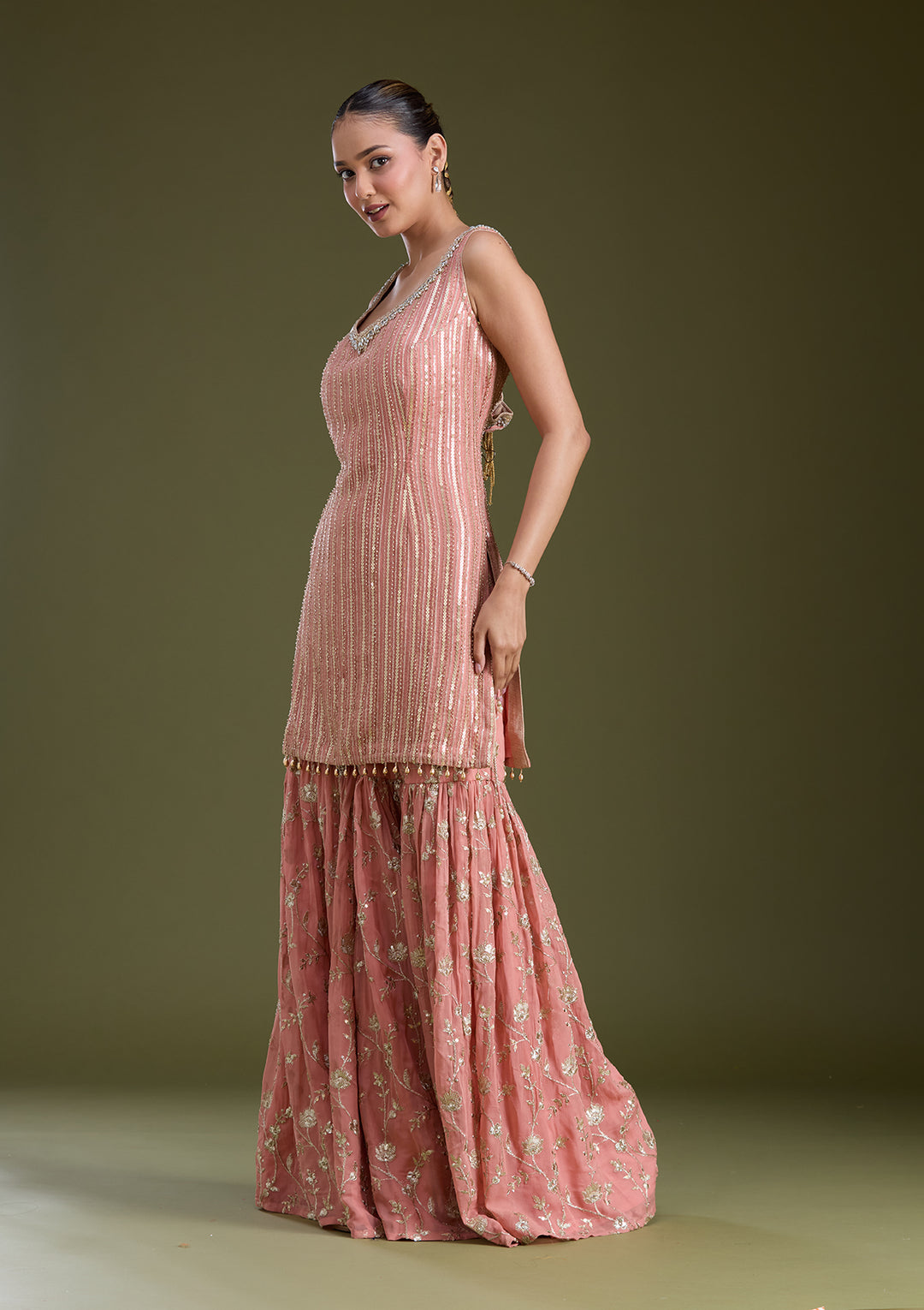 Peach Sequins Georgette Readymade Salwar Suit