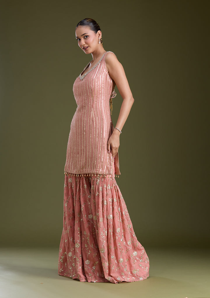 Peach Sequins Georgette Readymade Salwar Suit