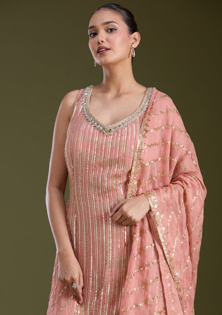 Peach Sequins Georgette Readymade Salwar Suit