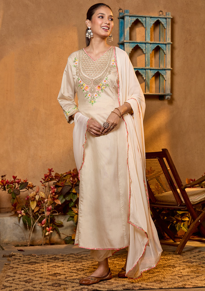 Beige Chanderi Cording Anarkali Kurta With Regular Pant And Dupatta