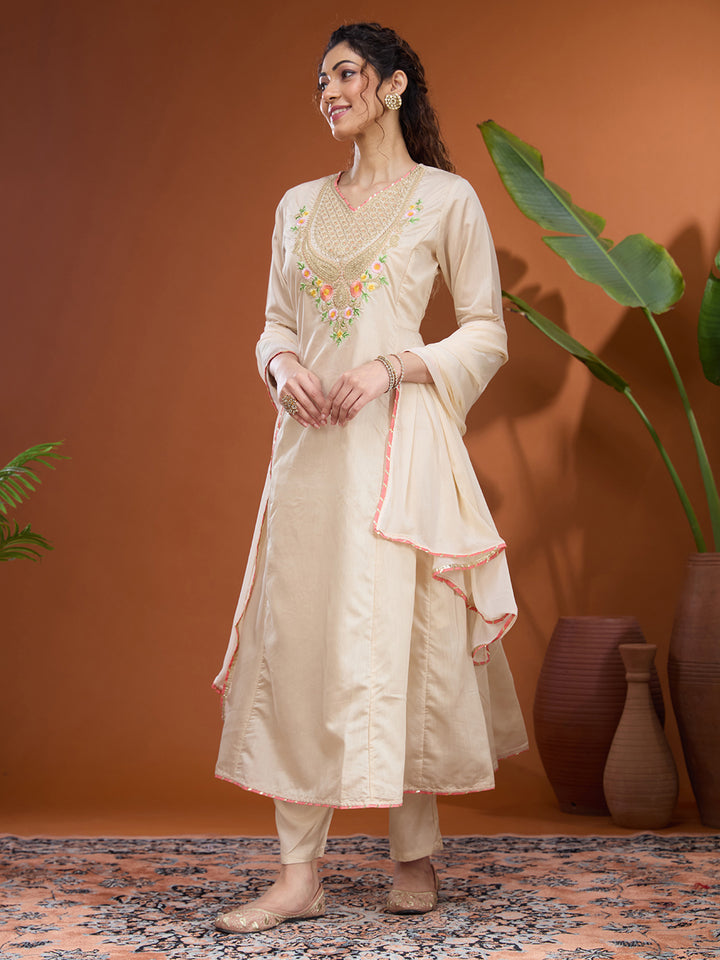 Beige Cording Chanderi Readymade Salwar Suit