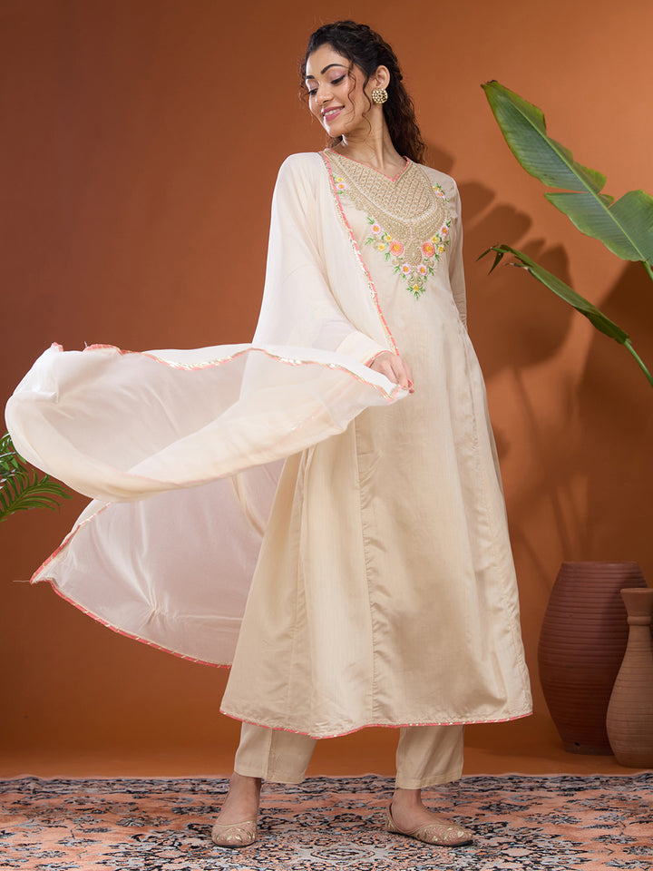 Beige Cording Chanderi Readymade Salwar Suit