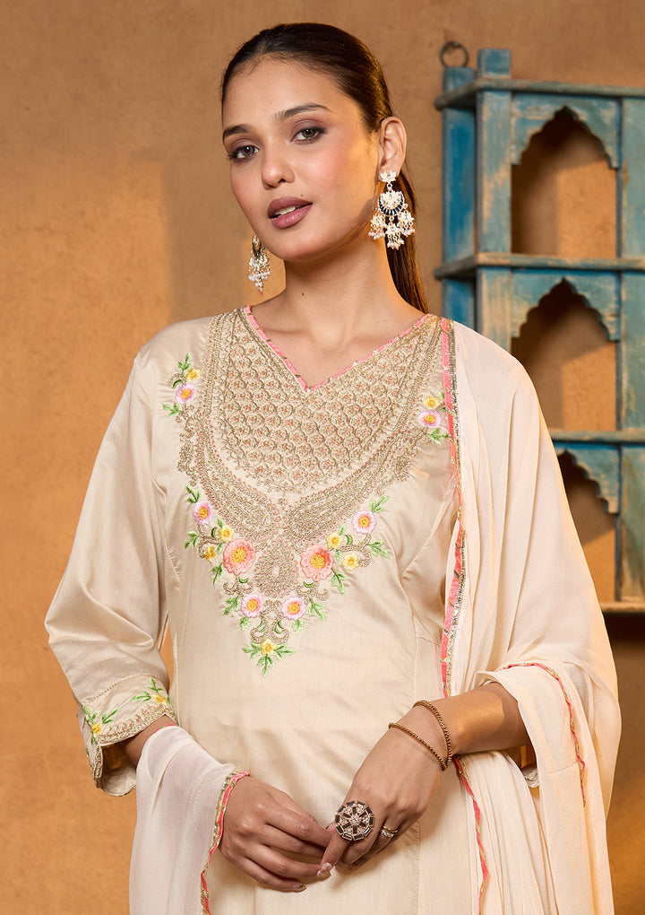 Beige Chanderi Cording Anarkali Kurta With Regular Pant And Dupatta