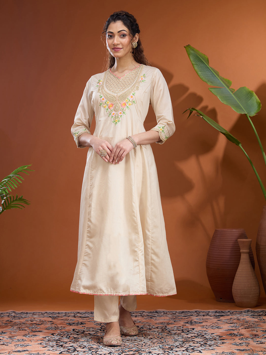 Beige Cording Chanderi Readymade Salwar Suit
