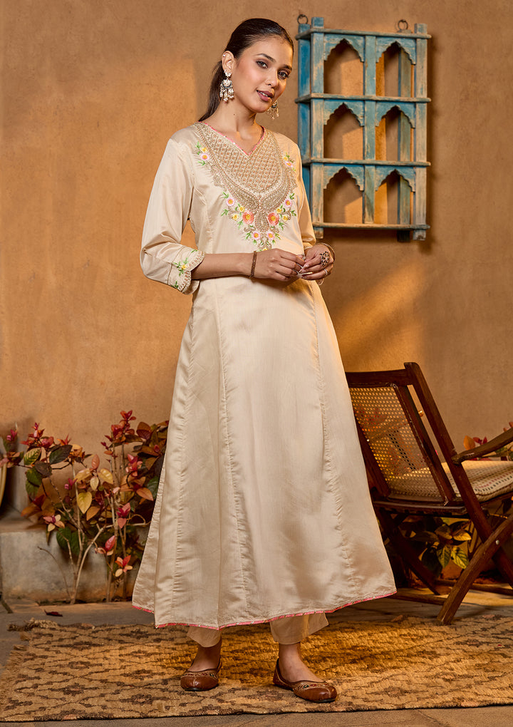 Beige Chanderi Cording Anarkali Kurta With Regular Pant And Dupatta