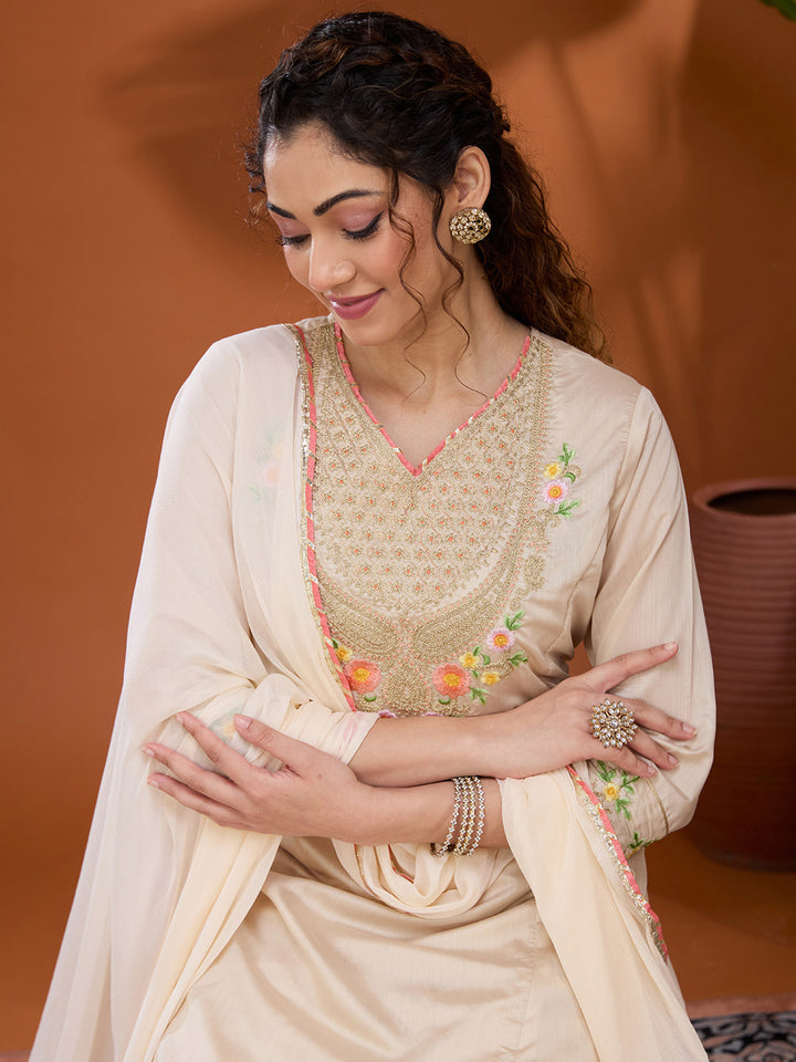 Beige Cording Chanderi Readymade Salwar Suit