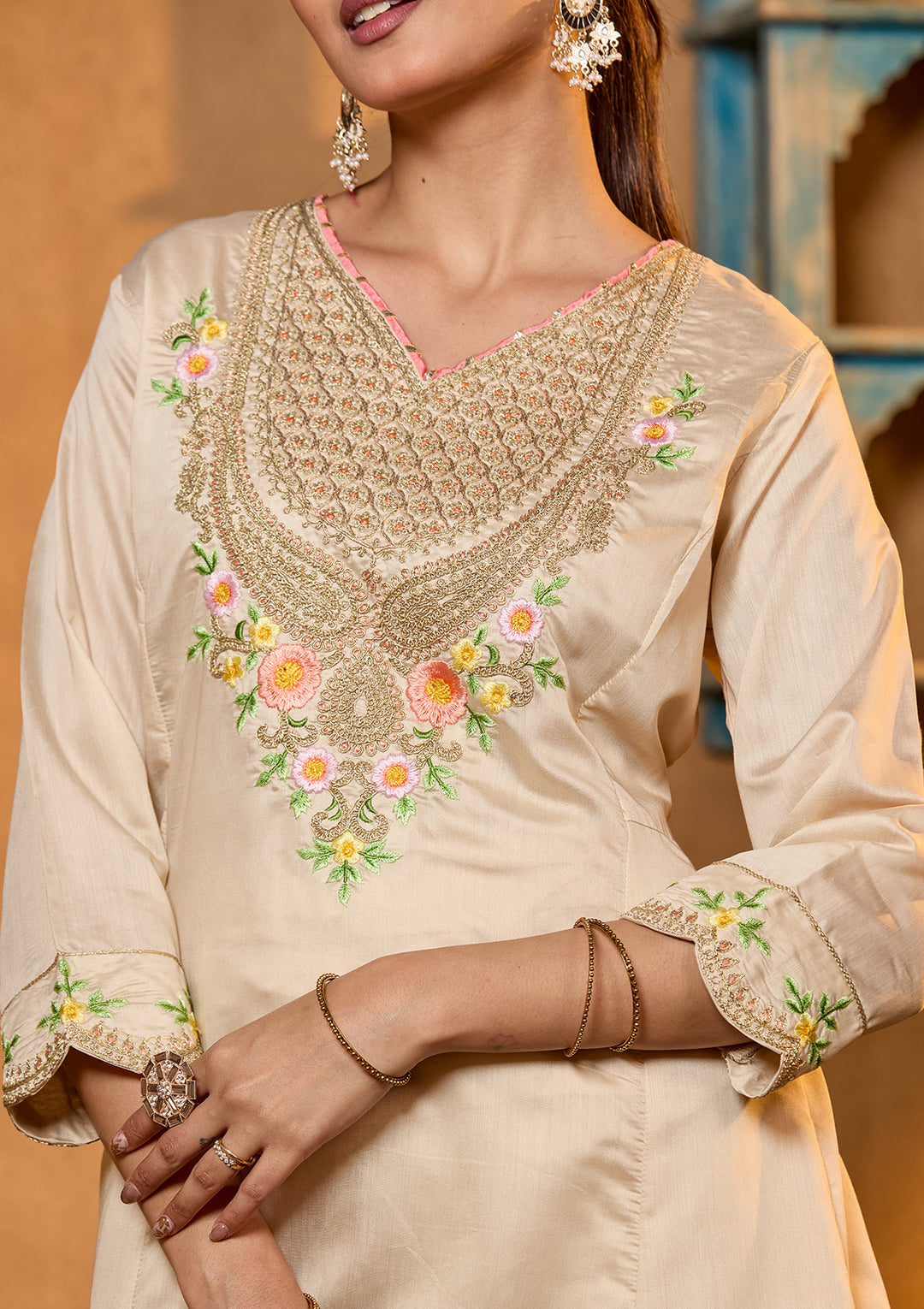 Beige Chanderi Cording Anarkali Kurta With Regular Pant And Dupatta