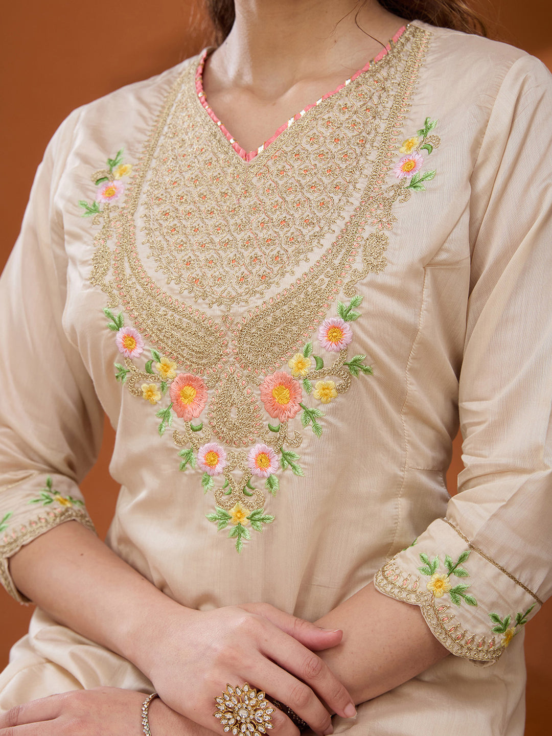 Beige Cording Chanderi Readymade Salwar Suit