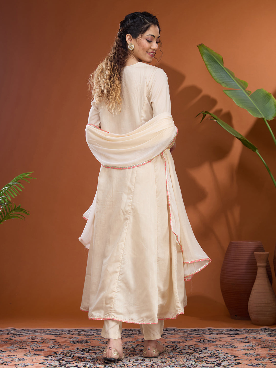 Beige Cording Chanderi Readymade Salwar Suit