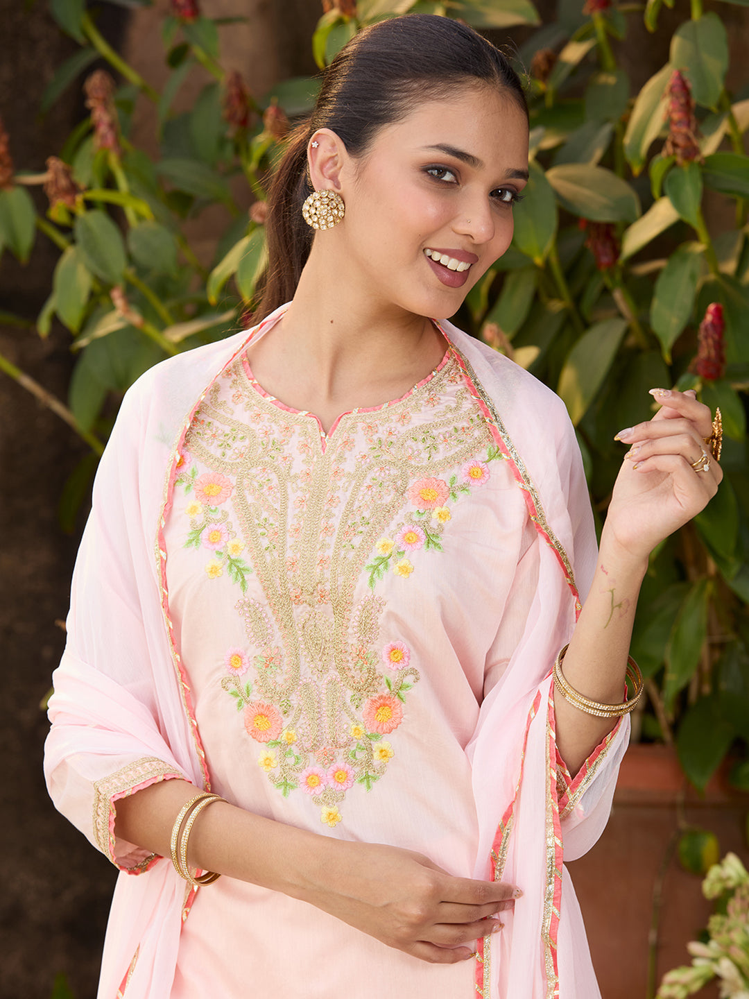 Peach Chanderi Cording Straight Kurta With Regular Pant And Dupatta