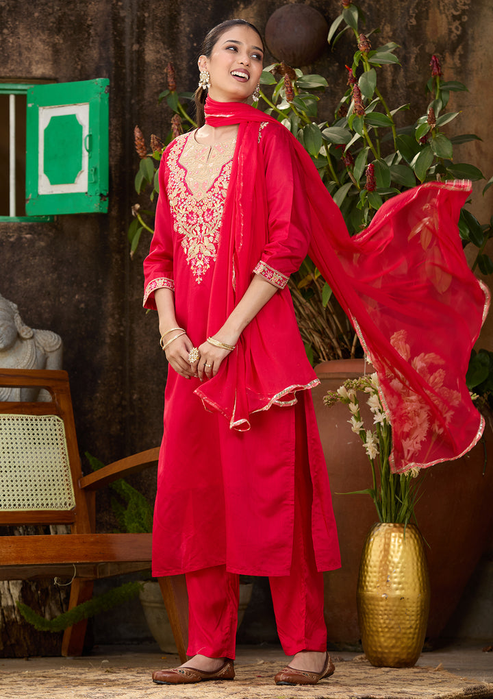 Red Chanderi Threadwork Straight Kurta With Regular Pant And Dupatta