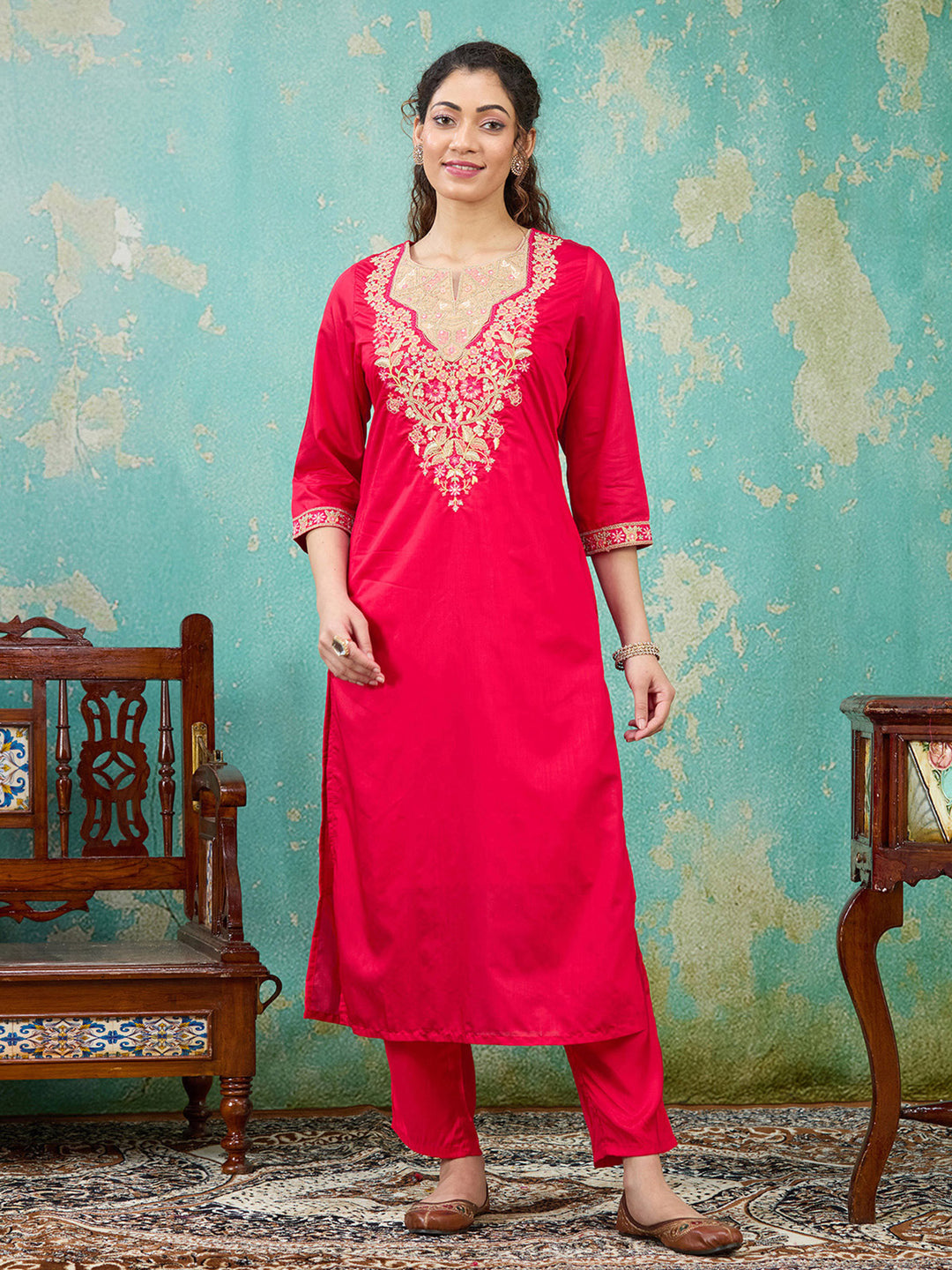 Red Threadwork Chanderi Readymade Salwar Suit