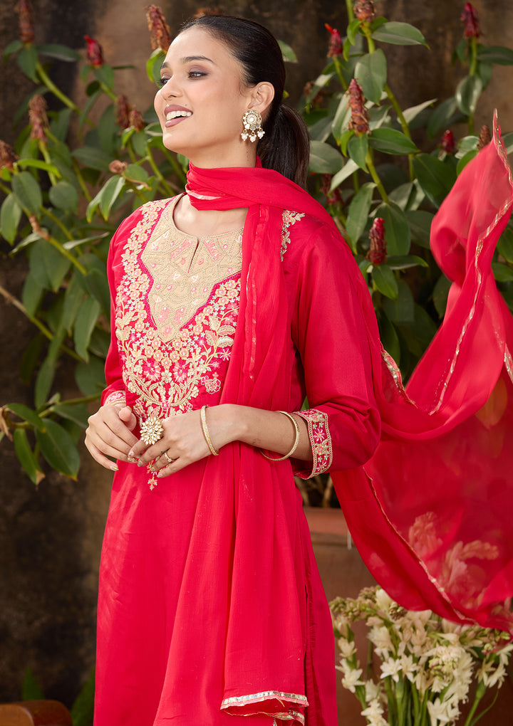 Red Chanderi Threadwork Straight Kurta With Regular Pant And Dupatta