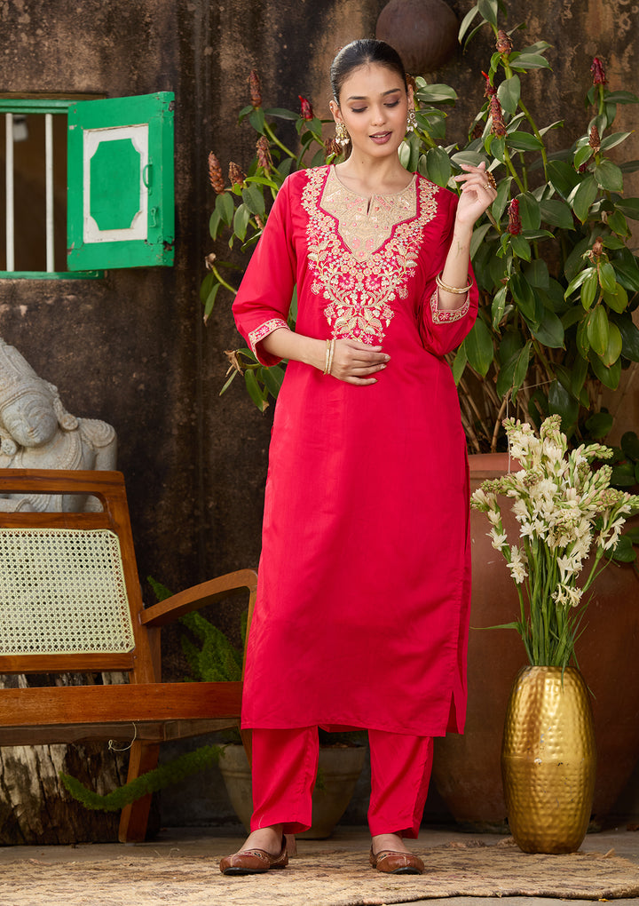 Red Chanderi Threadwork Straight Kurta With Regular Pant And Dupatta