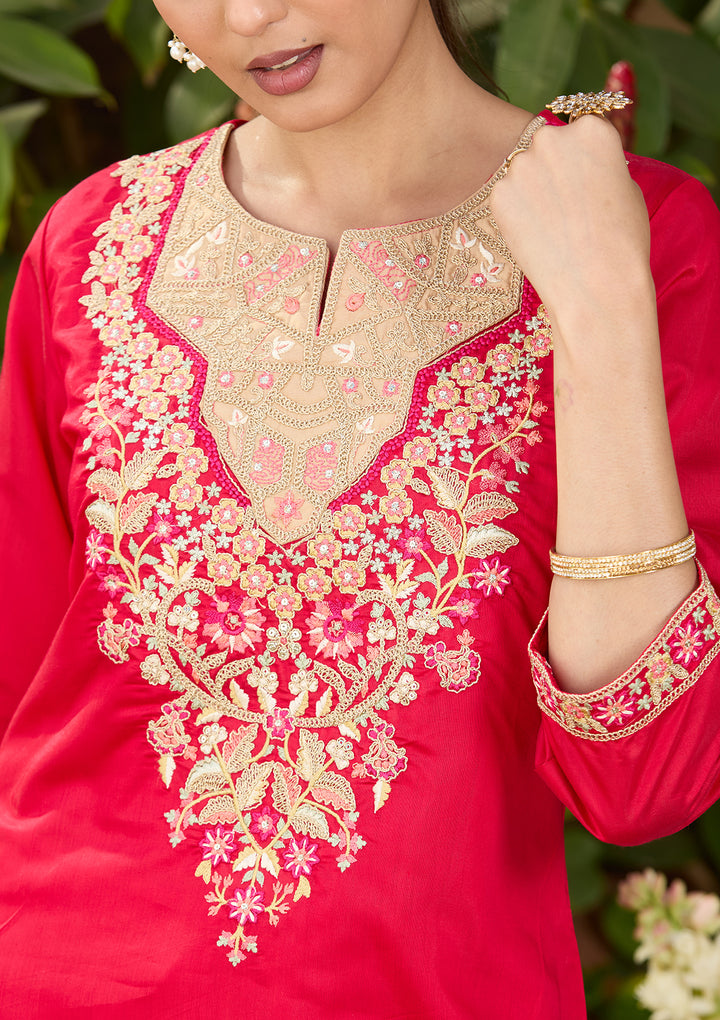 Red Chanderi Threadwork Straight Kurta With Regular Pant And Dupatta