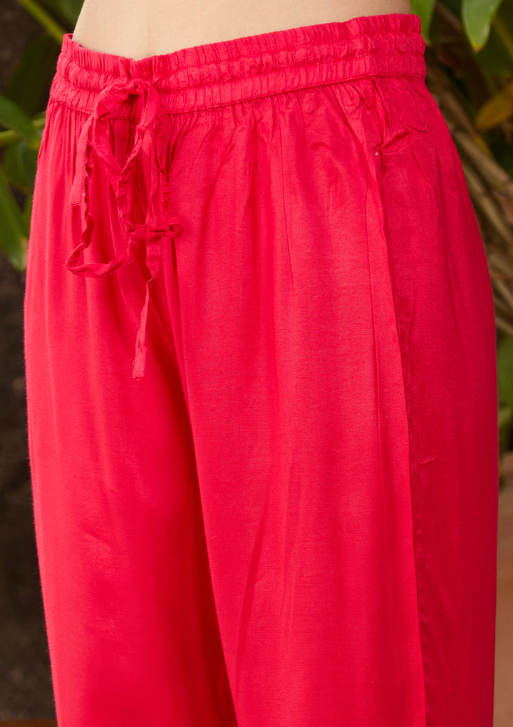 Red Chanderi Threadwork Straight Kurta With Regular Pant And Dupatta