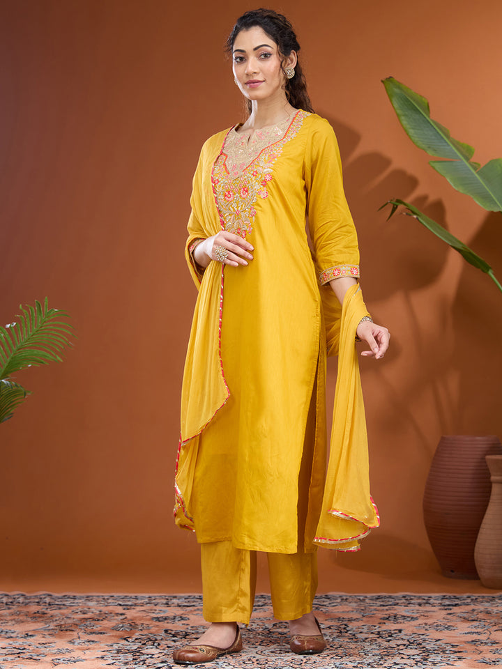 Mustard Yellow Threadwork Chanderi Readymade Salwar Suit