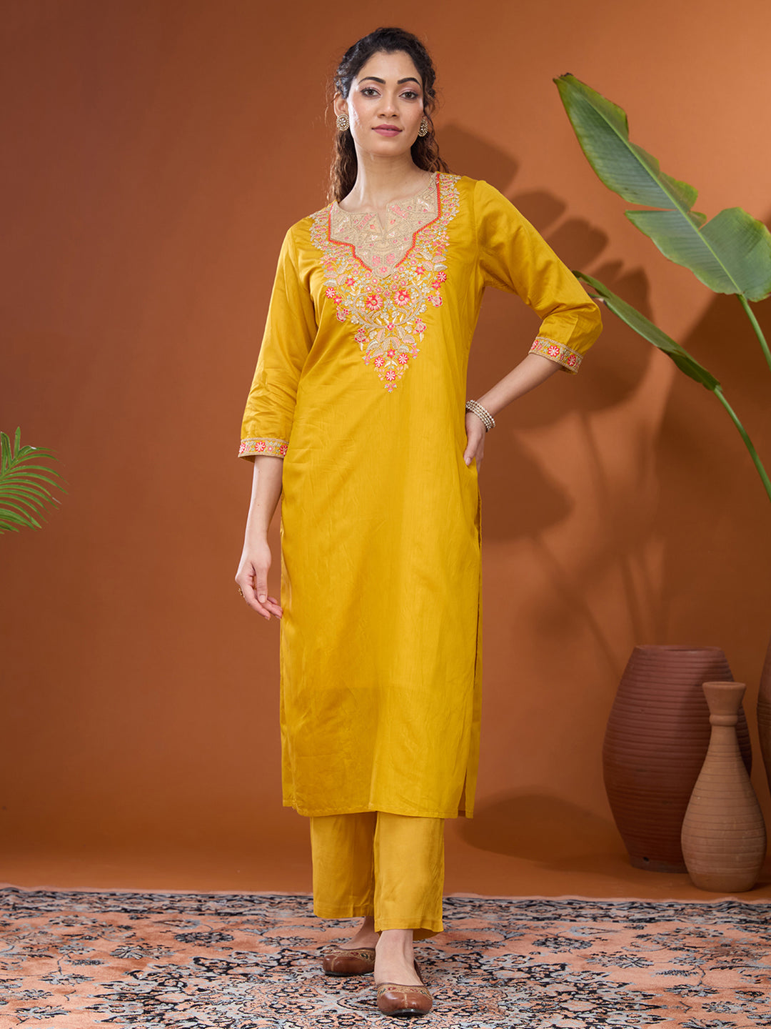 Mustard Yellow Threadwork Chanderi Readymade Salwar Suit
