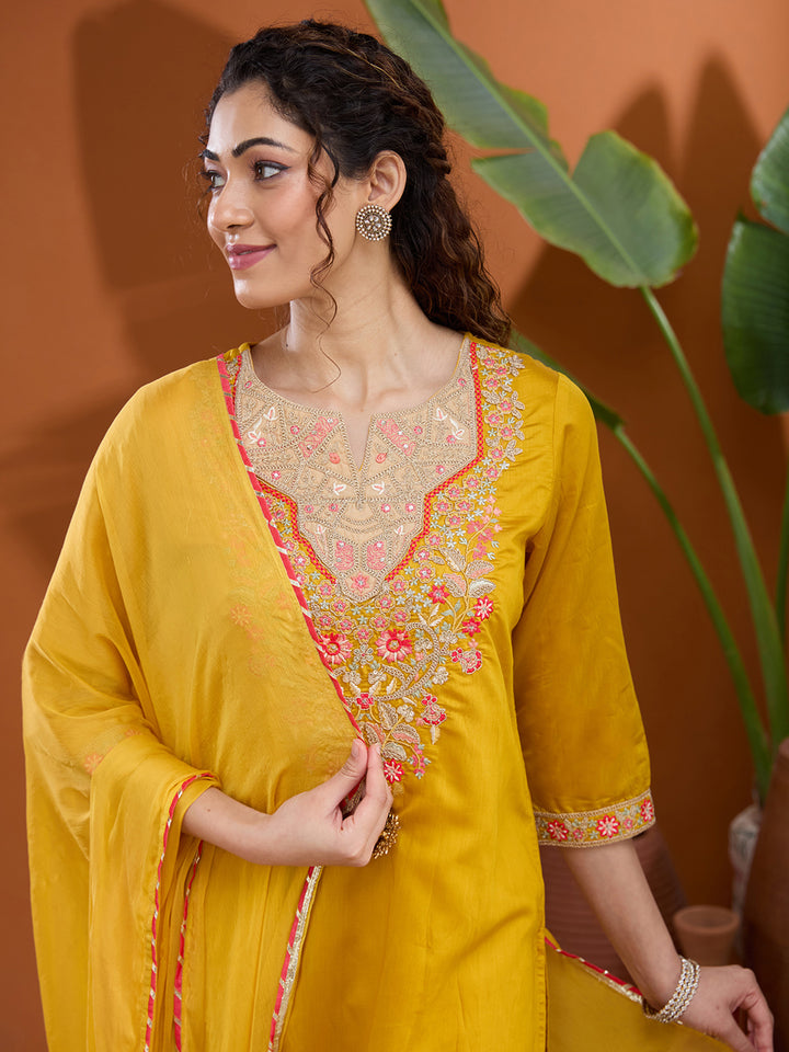 Mustard Yellow Threadwork Chanderi Readymade Salwar Suit