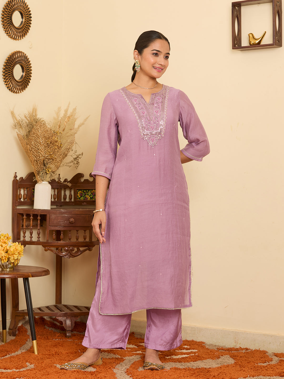 Lavender Mirrorwork Chanderi Readymade Salwar Suit