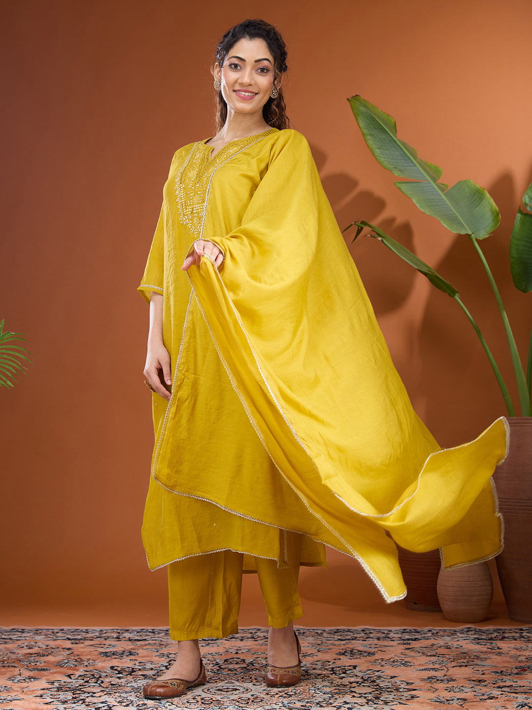 Mustard Yellow Mirrorwork Chanderi Readymade Salwar Suit