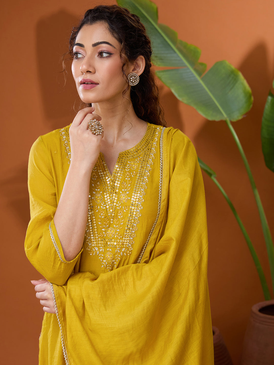 Mustard Yellow Mirrorwork Chanderi Readymade Salwar Suit
