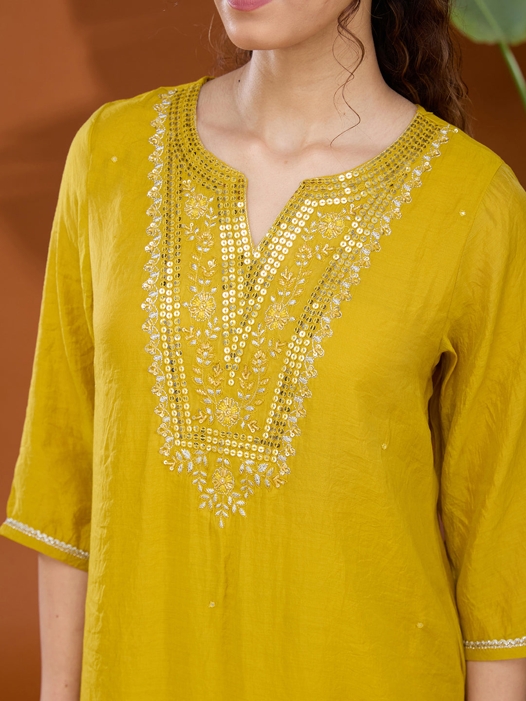Mustard Yellow Mirrorwork Chanderi Readymade Salwar Suit