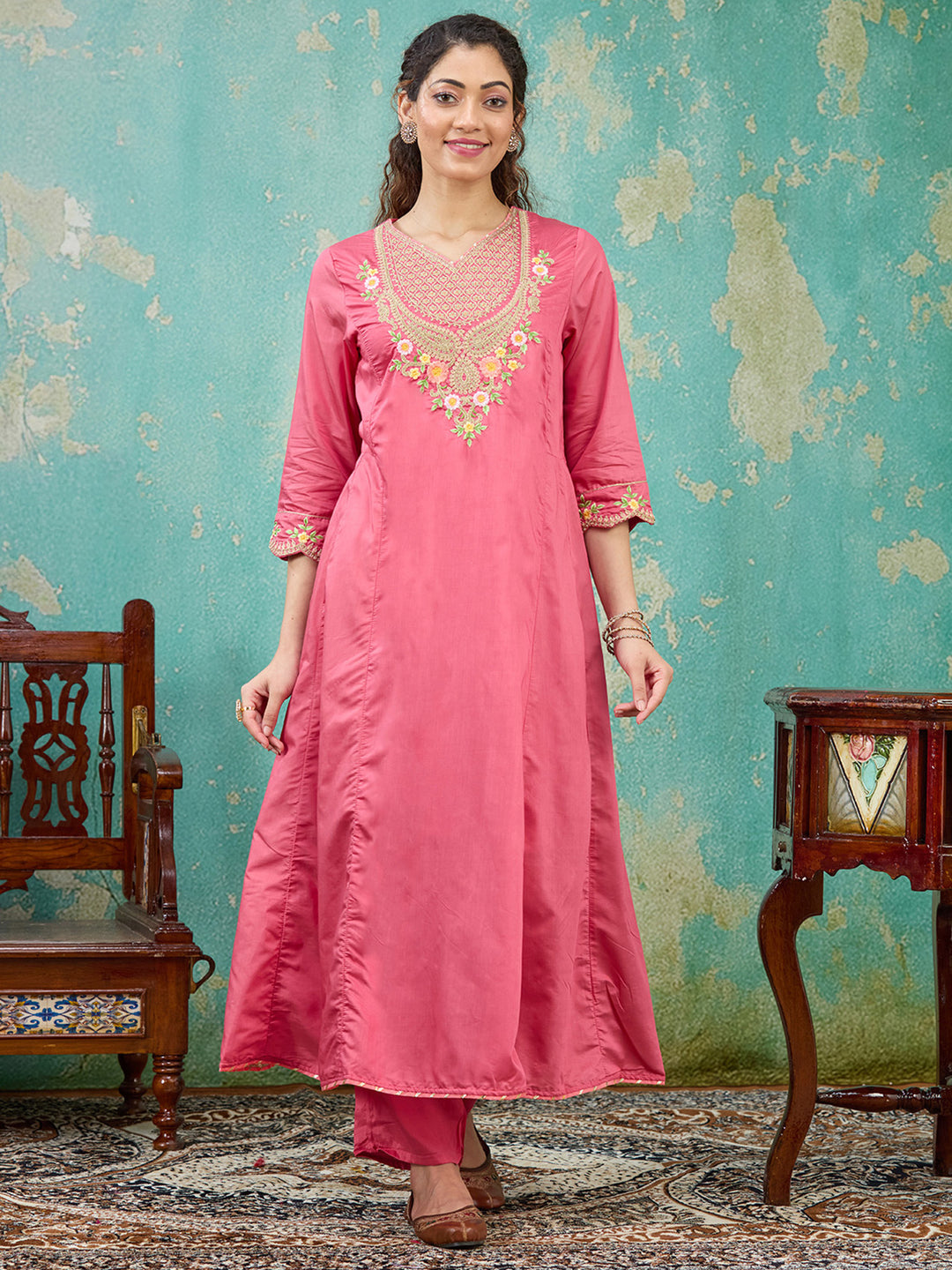 Gajari Pink Cording Chanderi Readymade Salwar Suit