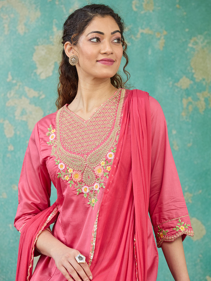 Gajari Pink Cording Chanderi Readymade Salwar Suit