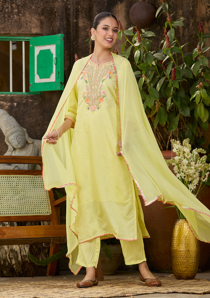 Yellow Chanderi Cording Straight Kurta With Regular Pant And Dupatta