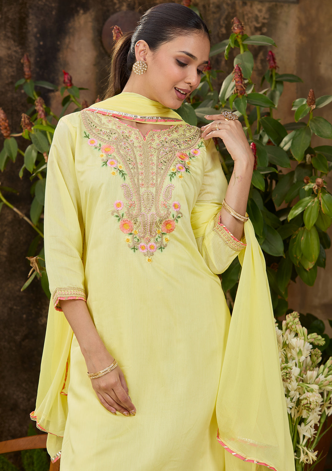 Yellow Chanderi Cording Straight Kurta With Regular Pant And Dupatta