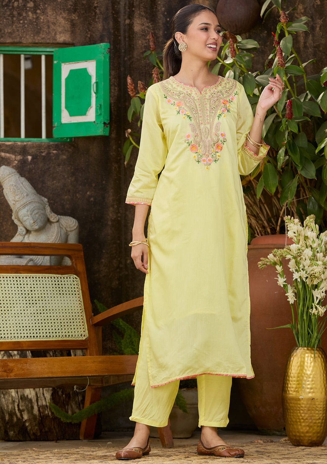 Yellow Chanderi Cording Straight Kurta With Regular Pant And Dupatta