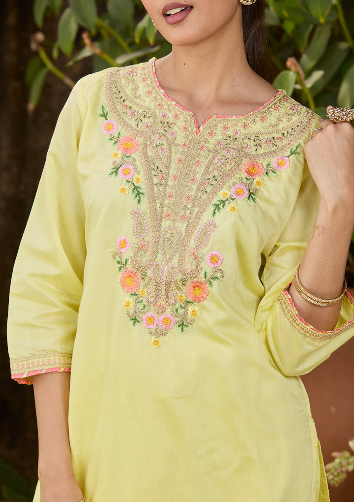 Yellow Chanderi Cording Straight Kurta With Regular Pant And Dupatta