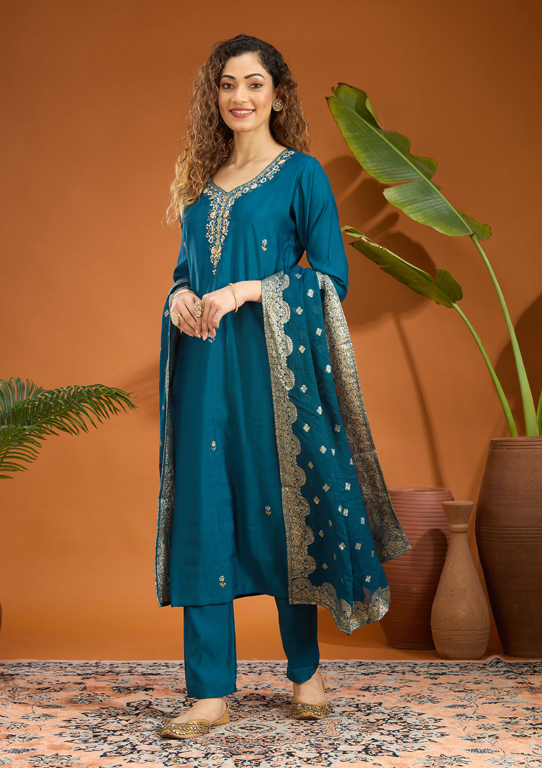 Peacock Blue Threadwork Chanderi Readymade Salwar Suit