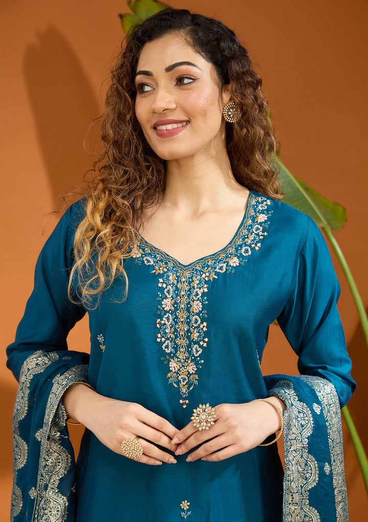 Peacock Blue Threadwork Chanderi Readymade Salwar Suit