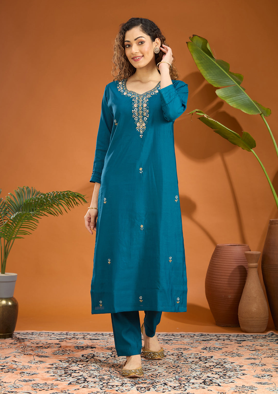 Peacock Blue Threadwork Chanderi Readymade Salwar Suit