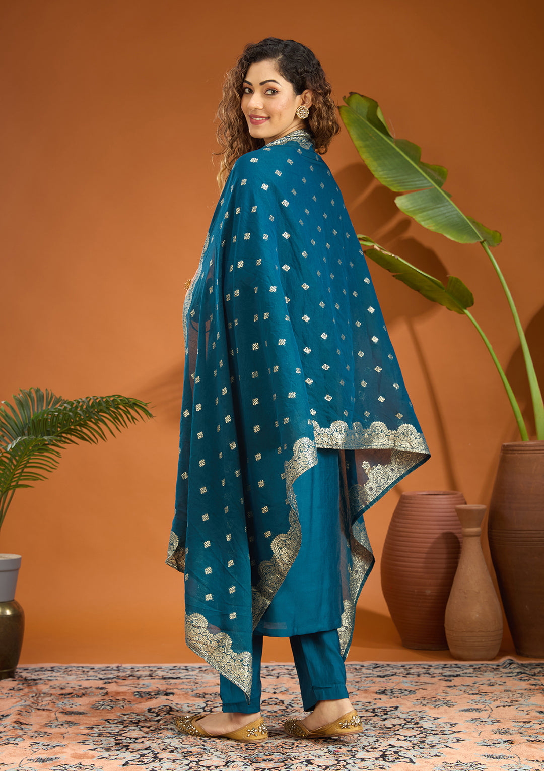 Peacock Blue Threadwork Chanderi Readymade Salwar Suit