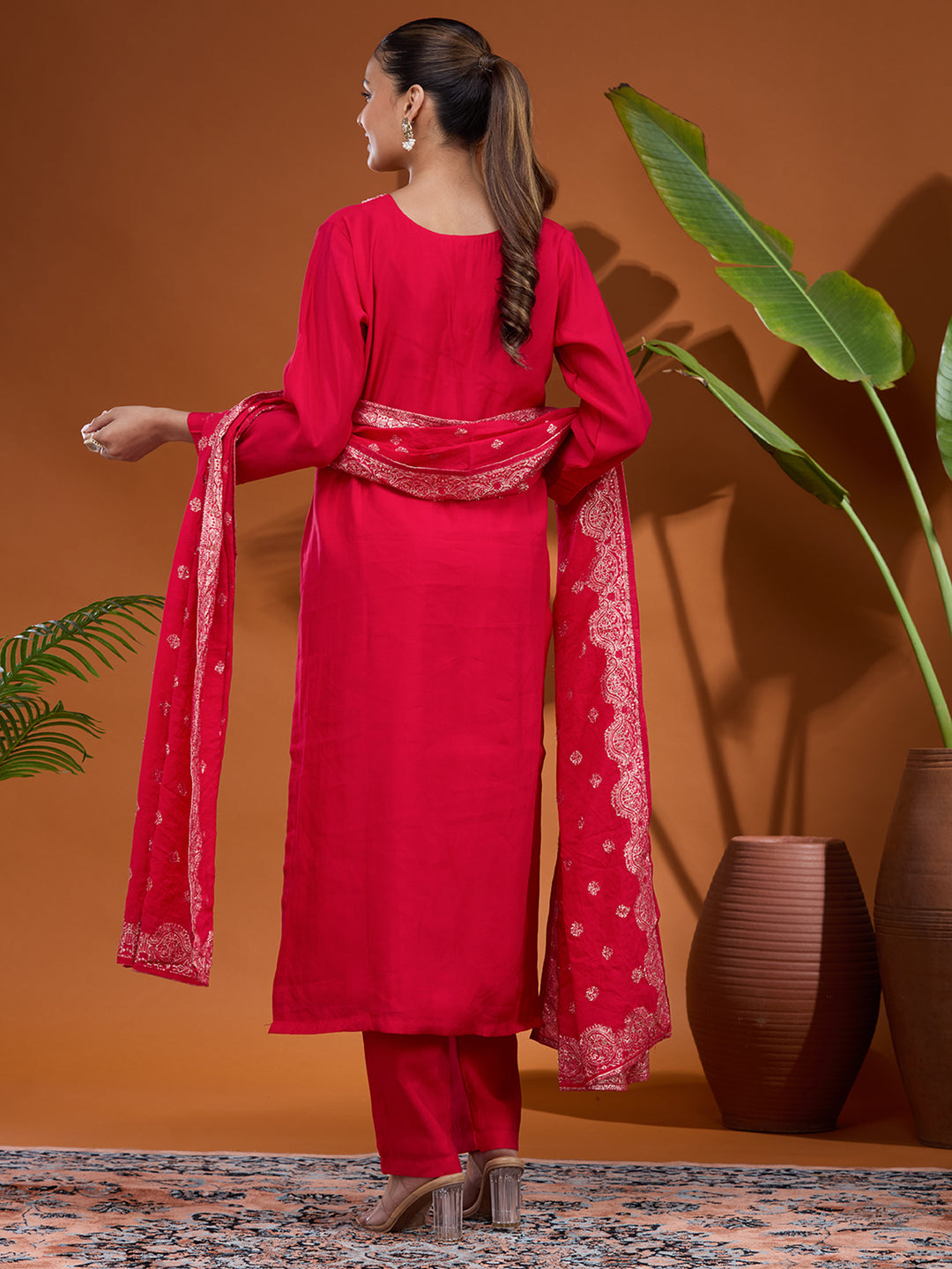 Rani Pink Threadwork Chanderi Readymade Salwar Suit