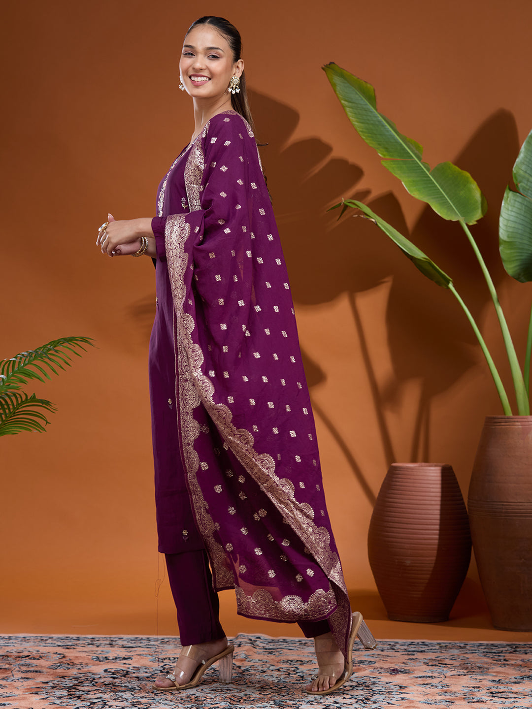 Wine Threadwork Chanderi Readymade Salwar Suit