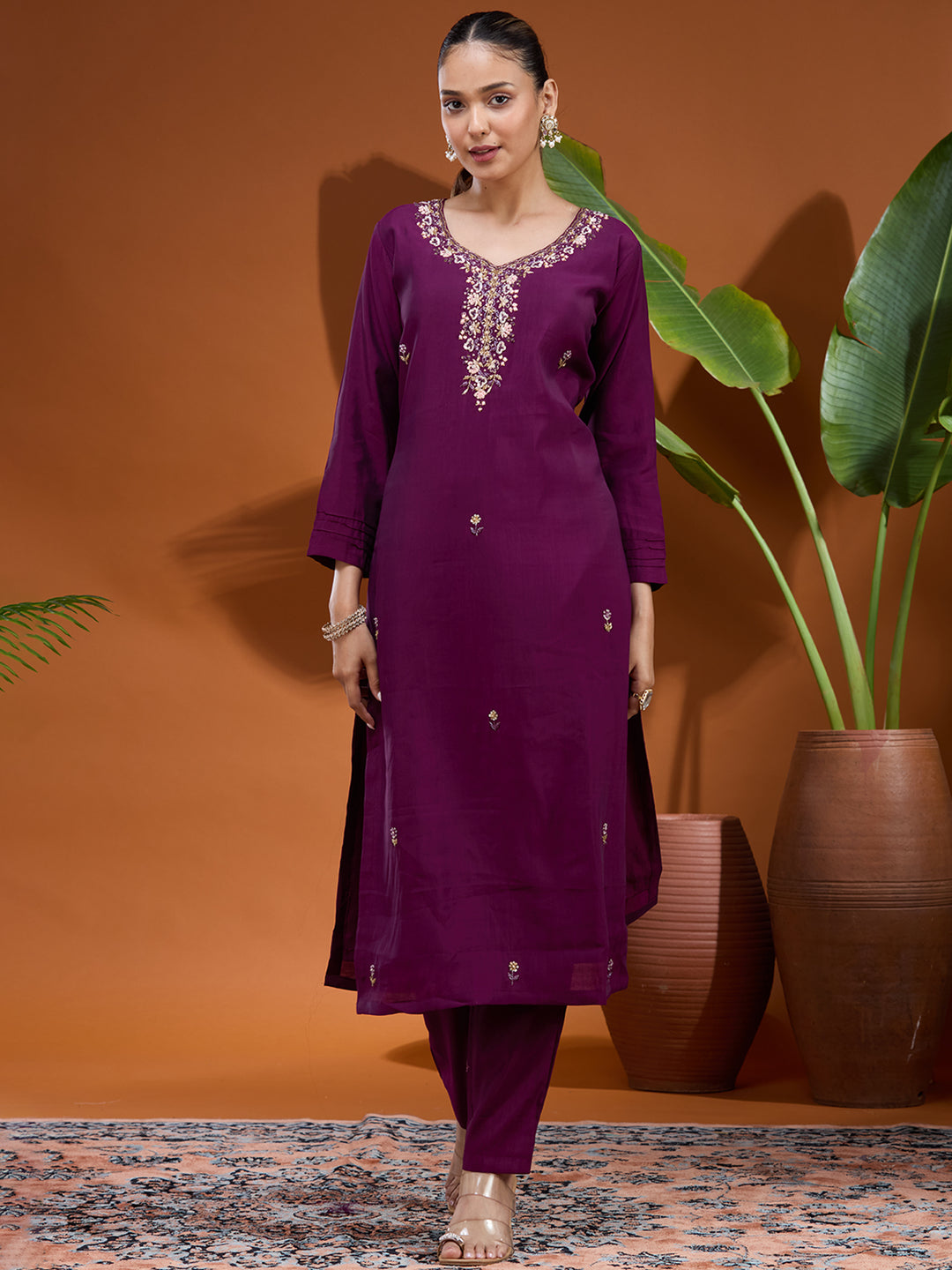Wine Threadwork Chanderi Readymade Salwar Suit