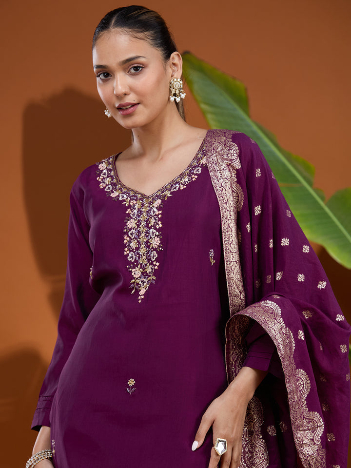 Wine Threadwork Chanderi Readymade Salwar Suit