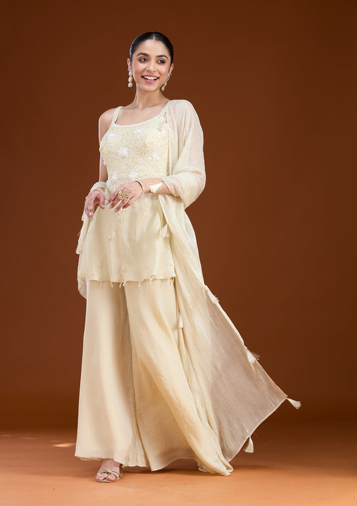 Cream Tissue Cutdana Peplum Kurta With Palazzo And Dupatta