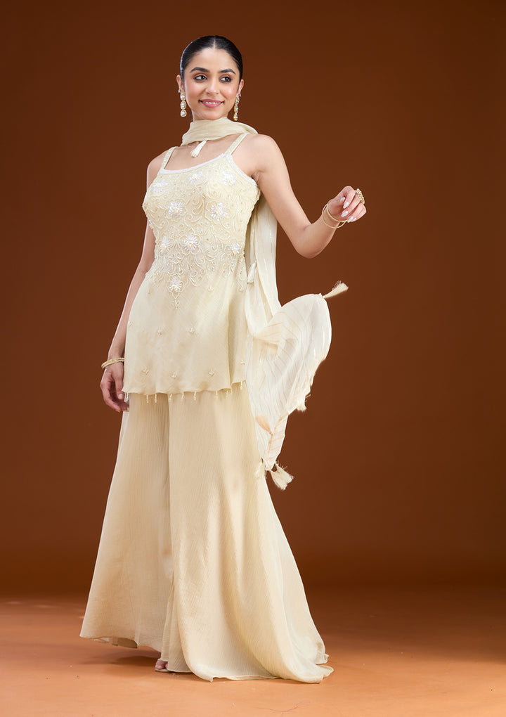 Cream Tissue Cutdana Peplum Kurta With Palazzo And Dupatta